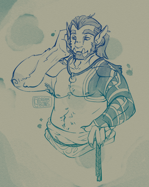 Digital art of a humanoid character from the waist up. The character is nude besides a rope belt and simple necklace. His body is covered in fur, having pointed ears, clawed hands, tusks, a beard and ponytail, and a sleeve tattoo on the left arm. He looks off to the side while one hand rests on his belt and the other cups his ear.