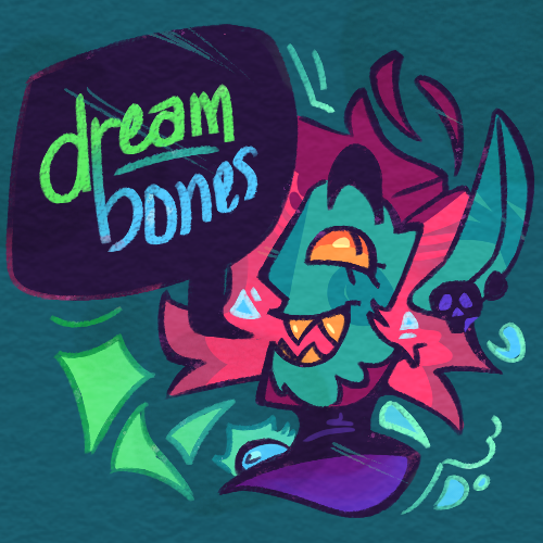 Digital art depicting a cartoony side-profile of a smiling goblin. The goblin wears a cloth gorget and stud earrings. He has medium-length magenta hair and a beard, with a speech bubble that reads 'dreambones.'