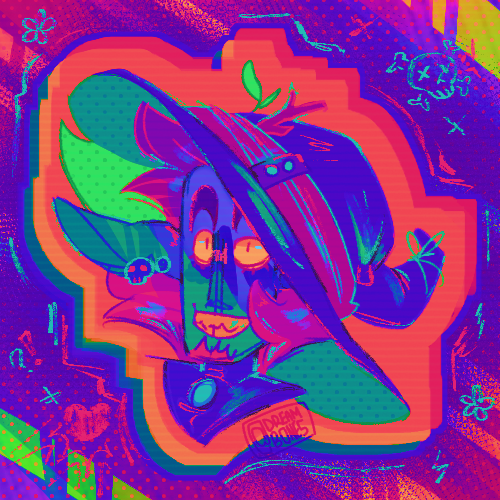Digital art depicting a cartoony portrait of a smiling goblin, styled to look like vibrant graffiti. The goblin is wearing a cloth gorget, stud earrings, and a witch hat. He has medium-length magenta hair and a goattee.