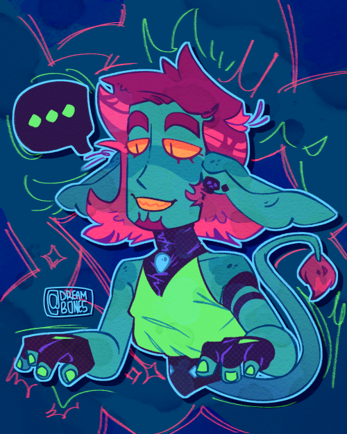 Digital art of a cartoony, smiling goblin from the waist up. He is wearing a cloth gorget, stud earings, fingerless gloves, a shirt, and a belt. He has medium-length magenta hair and a goattee. His nails are painted neon green and a banded tattoo is on his left arm. He stares off to the side with a speech bubble containing ellipses.