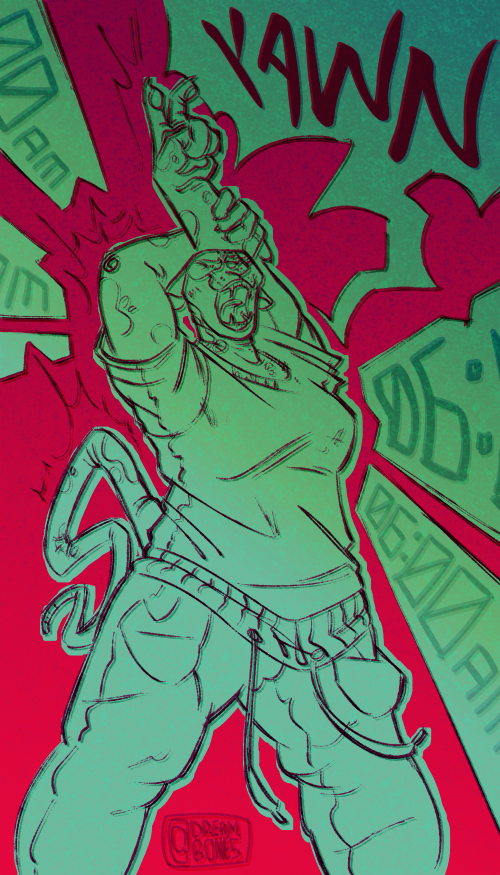 Digital art of a hairless, anthropomorphic cat stretching and yawning. Its skin is spotted, wearing a t-shirt and sweatpants, with a jagged speech bubble that reads 'YAWN.' Boxes in the background read '06:00am.'